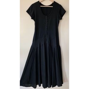 Luna Luz • S • Black Button Front Scoop Neck Short Sleeve Midi Dress